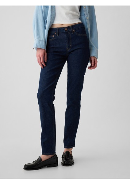 Kadın Lacivert Mid Rise Vintage Slim Jean Pantolon