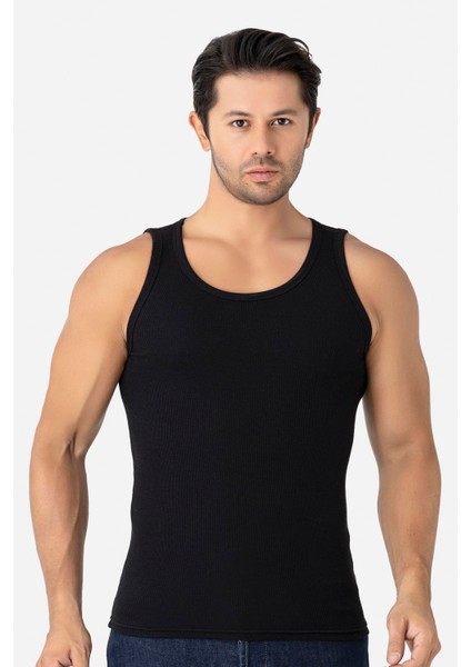 Erkek Siyah Fitilli Atlet Pamuklu Likralı Kaşkorse Halter Yaka Slim Fit Atlet