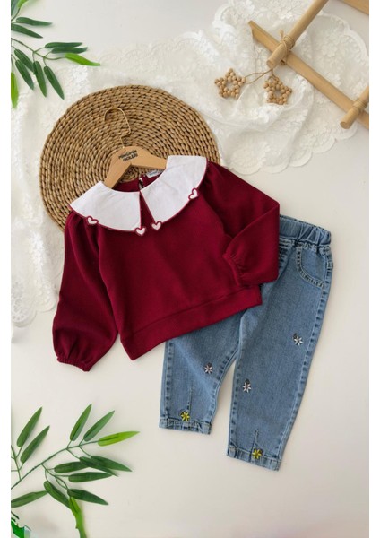 Kalp Yaka Detaylı Işleme Kot Pantolonlu Kız çocuk takım - Bordo