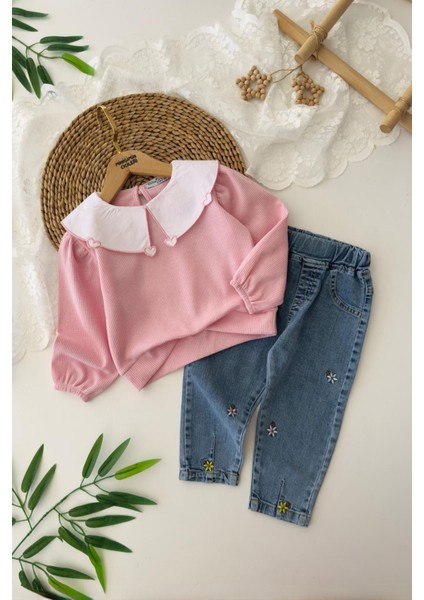 Kalp Yaka Detaylı Işleme Kot Pantolonlu Kız çocuk takım - Pembe