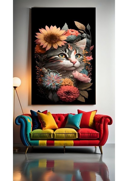 Çiçek Desenli Kedi Iıı Ev Duvar Salon Güzellik Salonu Ofis Dükkan Dekarasyon Kanvas Tablo