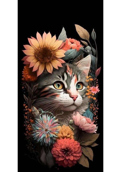 Çiçek Desenli Kedi Iıı Ev Duvar Salon Güzellik Salonu Ofis Dükkan Dekarasyon Kanvas Tablo fiyatları