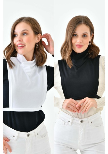 Mırach 2'li Çapraz Yaka Boyunluk - Siyah Beyaz | Tesettür Crop Body Boyunluk Bluz Içlik