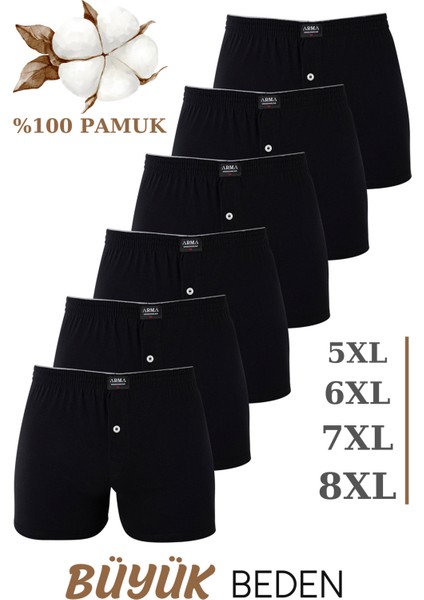 6'lı Paket Erkek Siyah Geniş Kalıp Büyük Beden Boxer battal Boy Iç Giyim %100 Pamuklu