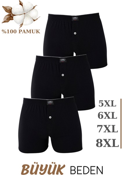 3'lü Paket Erkek Büyük Beden Boxer Siyah %100 Pamuklu Penye Geniş Kalıp Battal Boy Iç Çamaşırı