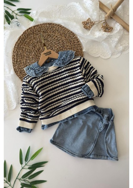 Triko Kazak Yaka Nakışlı Kot Gömlek Şort Etekli 3 lü takım - Mavi