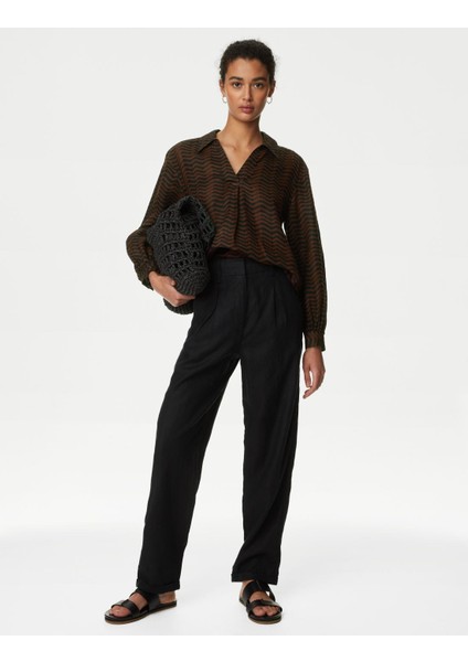 Uzun Kollu Saf Keten Popover Bluz