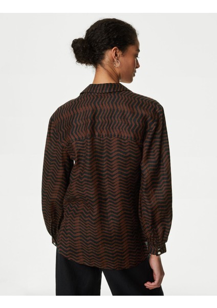 Uzun Kollu Saf Keten Popover Bluz