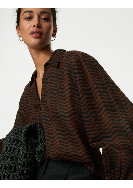 Uzun Kollu Saf Keten Popover Bluz