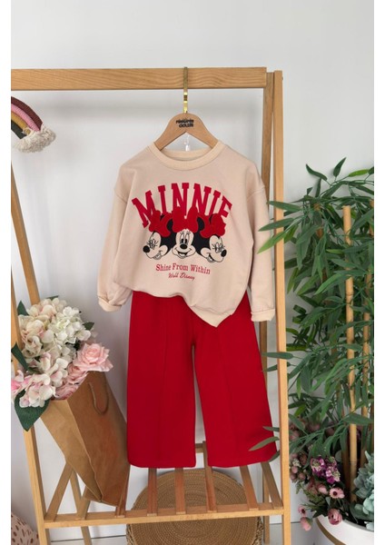 Mnn Baskılı Bol Paça Pantolonlu Kız çocuk takım - Kırmızı
