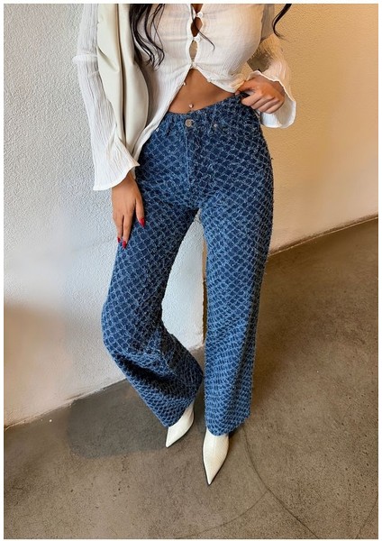 Kadın Mavi Renk Vintage Geniş Paça Pantolon