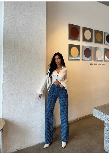 Kadın Mavi Renk Vintage Geniş Paça Pantolon fırsatları