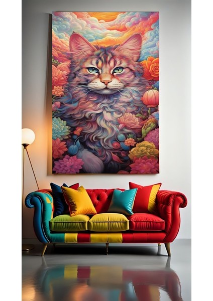 Çiçek Desenli Kedi Iv Ev Duvar Salon Güzellik Salonu Ofis Dükkan Dekarasyon Kanvas Tablo