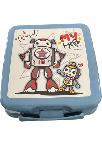 Beslenme Kutusu 4 Bölmeli Robot Buz Mavisi Renk Erkek Figürlü 1 Adet Yemek Saklama Kabı Beslenme Çantası