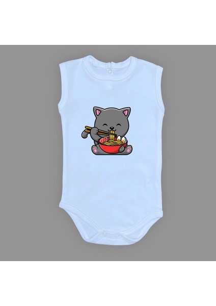 Yemek Yiyen Kedi Baskılı Bebek Çıtçıtlı Body Uzun Kısa Kolsuz M00690 Açık Mavi