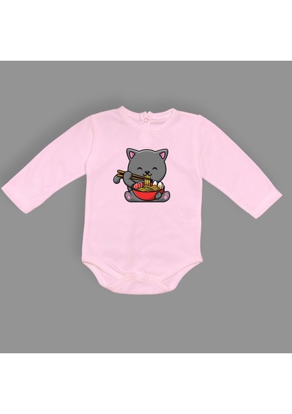 Yemek Yiyen Kedi Baskılı Bebek Çıtçıtlı Body Uzun Kısa Kolsuz M00690 Pembe