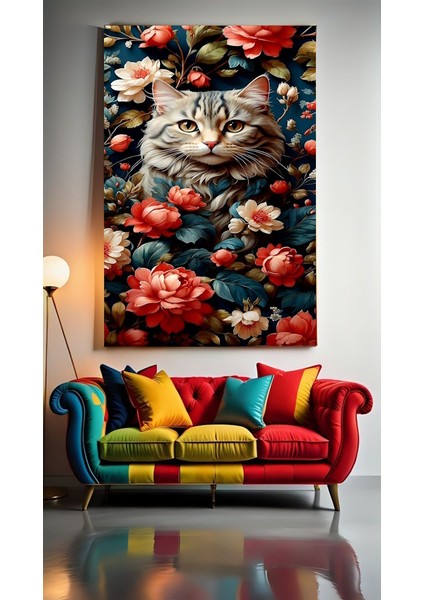 Çiçek Desenli Kedi V Ev Duvar Salon Güzellik Salonu Ofis Dükkan Dekarasyon Kanvas Tablo