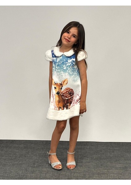 Pamila Kız Çocuk Yakası ve Kolları Kürklü Elbise 1-5 Yaş