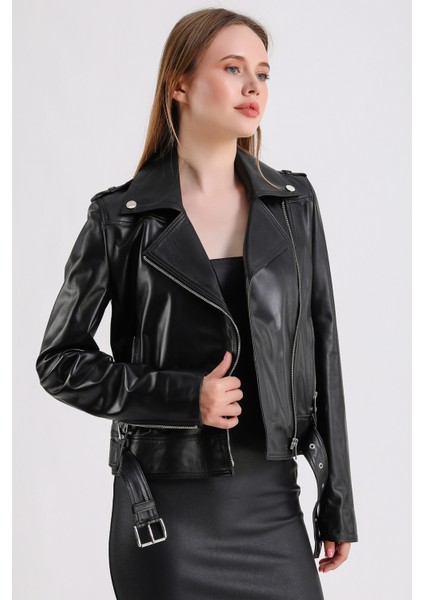 Milenni Kadın Deri Biker Ceket