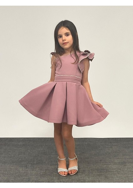Kız Çocuk Abiye Lila Kısa Omuz Detaylı Krep Kumaş Abiye Elbise 5-10 Yaş