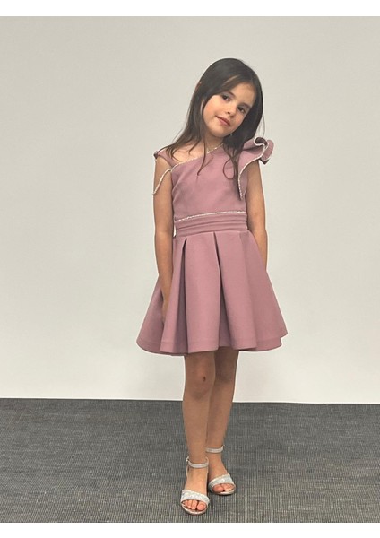 Kız Çocuk Abiye Lila Kısa Omuz Detaylı Krep Kumaş Abiye Elbise 5-10 Yaş fiyatları