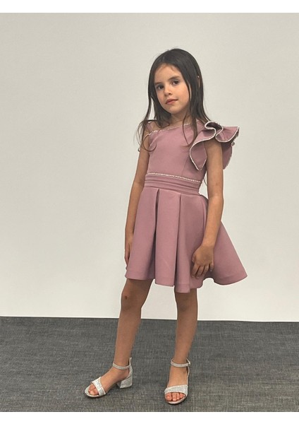 Kız Çocuk Abiye Lila Kısa Omuz Detaylı Krep Kumaş Abiye Elbise 5-10 Yaş modelleri