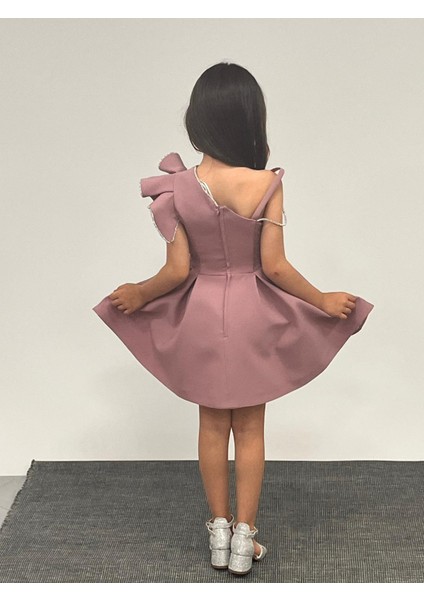 Kız Çocuk Abiye Lila Kısa Omuz Detaylı Krep Kumaş Abiye Elbise 5-10 Yaş indirimleri