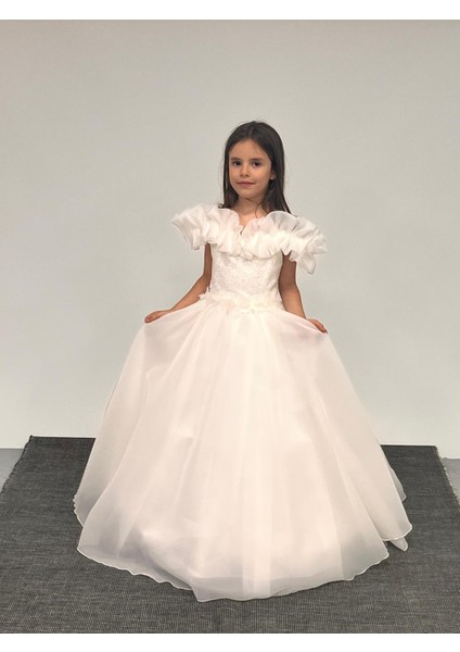 Kız Çocuk Kasnaklı Kabarık Yakası Farbalı Abiye 2-11 Yaş