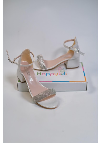 Kız Çocuk Abiye Ayakkabı Krem Rugan Tek Bantlı Taşlı Mezüniyet-Düğün Topuklu Çocuk Abiye Ayakkabı