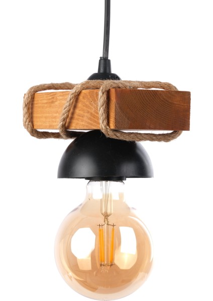 Ahşap Halatlı Tekli Rustik Avize Modern Tasarım Açık Ceviz