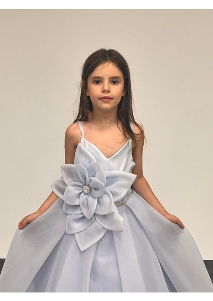 Kız Çocuk Abiye Büyük Çiçekli Taş Detaylı Kasnaklı Mavi Çocuk Gelinlik 2-11 Yaş fiyatları