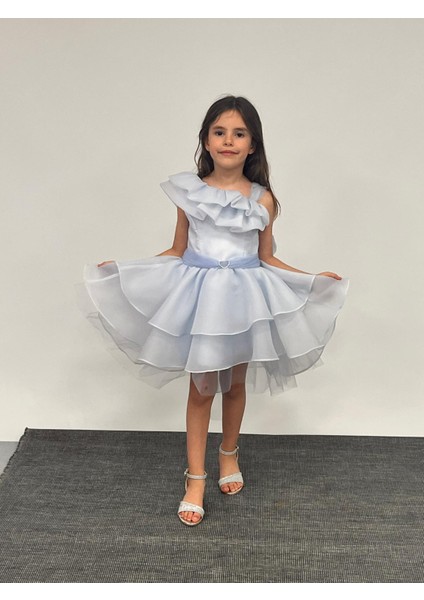 Kız Çocuk Abiye Mavi Kalp Tokalı Tek Omuz Detaylı Abiye Elbise 6-10 Yaş