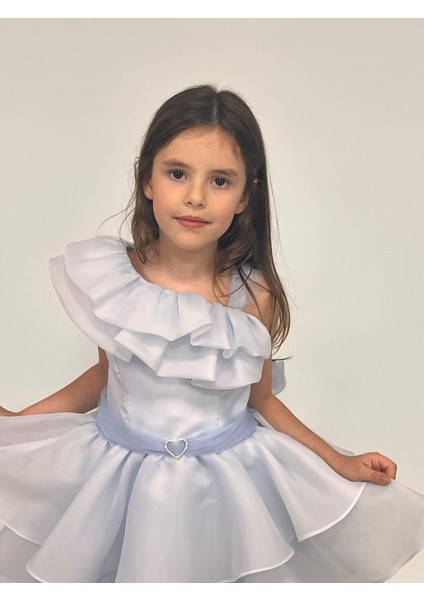 Kız Çocuk Abiye Mavi Kalp Tokalı Tek Omuz Detaylı Abiye Elbise 6-10 Yaş fiyatları