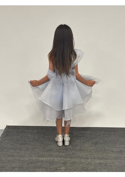 Kız Çocuk Abiye Mavi Kalp Tokalı Tek Omuz Detaylı Abiye Elbise 6-10 Yaş modelleri