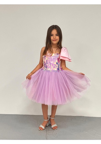 Kız Çocuk Askılı Tek Omuz Kurdele Detaylı Payetli Tüllü Abiye Elbise 4-8 Yaş Yaş