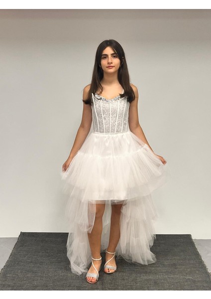 Kız Çocuk Abiye Krem Önü Kısa Kuyruklu Payet Işlemeli Biyeli Transparan Kaplama Abiye Elbise 10-15 Yaş