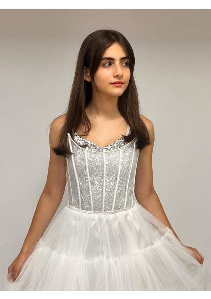 Kız Çocuk Abiye Krem Önü Kısa Kuyruklu Payet Işlemeli Biyeli Transparan Kaplama Abiye Elbise 10-15 Yaş fiyatları