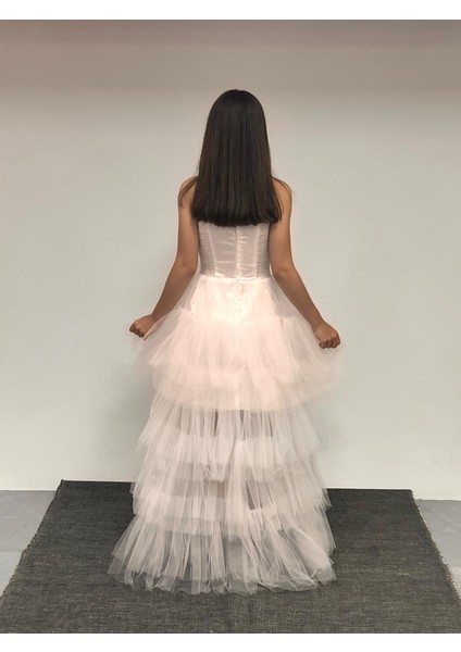 Kız Çocuk Abiye Krem Önü Kısa Kuyruklu Payet Işlemeli Biyeli Transparan Kaplama Abiye Elbise 10-15 Yaş modelleri