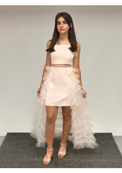 Kız Çocuk Abiye Renkli Beyaz Kısa Payetli Mini Etekleri Kat Kat Abiye Elbise 8-16 Yaş