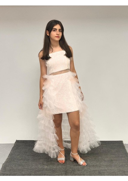 Kız Çocuk Abiye Renkli Beyaz Kısa Payetli Mini Etekleri Kat Kat Abiye Elbise 8-16 Yaş modelleri