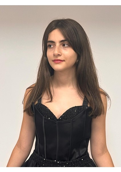 Kız Çocuk Askılı Mini Siyah Pileli Payet Detaylı Kısa Balon Etek Abiye Elbise 10-15 Yaş