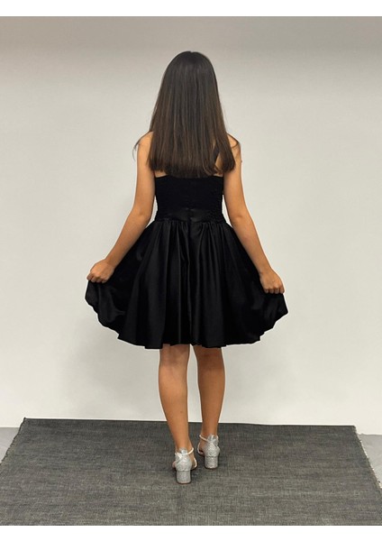 Kız Çocuk Askılı Mini Siyah Pileli Payet Detaylı Kısa Balon Etek Abiye Elbise 10-15 Yaş modelleri