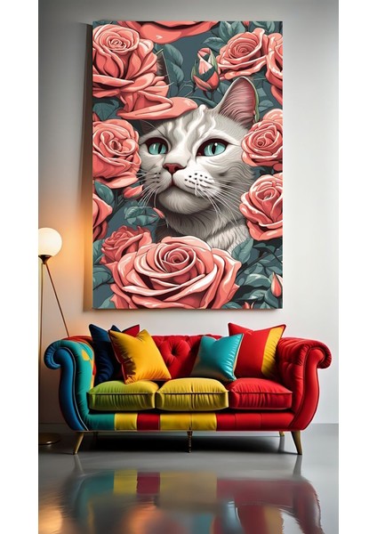 Çiçek Desenli Kedi Vı Ev Duvar Salon Güzellik Salonu Ofis Dükkan Dekarasyon Kanvas Tablo