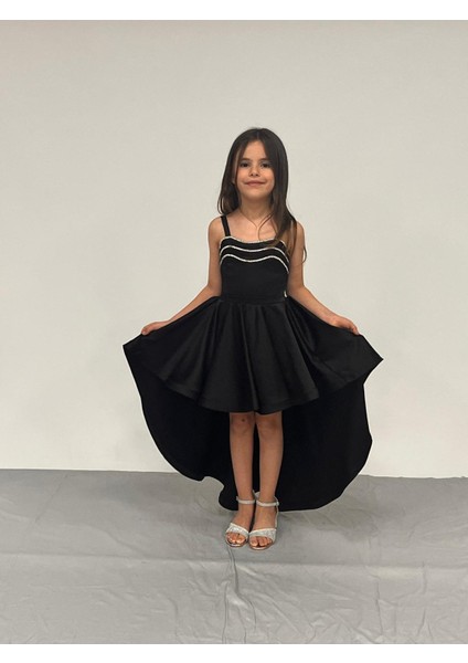 Kız Çocuk Abiye Siyah Saten Kuyruklu Yaka Şerit Taşlı Abiye Elbise 5-10 Yaşyaş