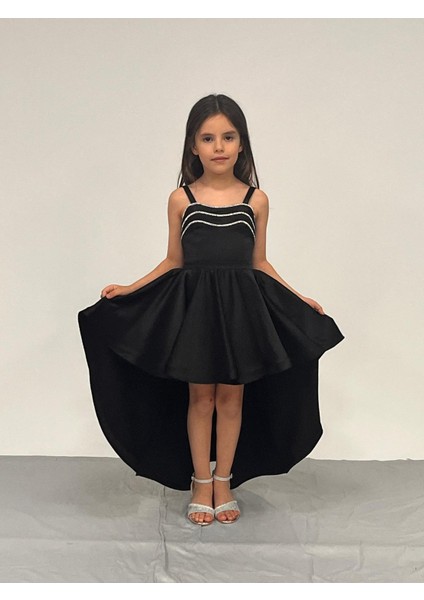 Kız Çocuk Abiye Siyah Saten Kuyruklu Yaka Şerit Taşlı Abiye Elbise 5-10 Yaşyaş fiyatları