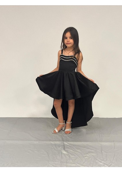 Kız Çocuk Abiye Siyah Saten Kuyruklu Yaka Şerit Taşlı Abiye Elbise 5-10 Yaşyaş fırsatları