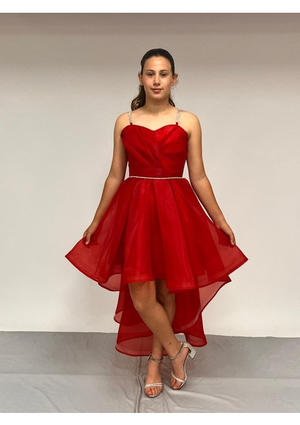 Kız Çocuk Abiye Kırmızıtaş Kordon Askılı Kalp Yaka kuyruklu Şifon Abiye Elbise 9-16 Yaş