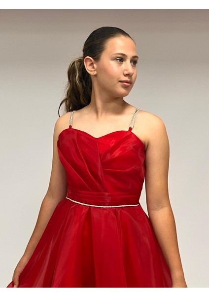 Kız Çocuk Abiye Kırmızıtaş Kordon Askılı Kalp Yaka kuyruklu Şifon Abiye Elbise 9-16 Yaş modelleri