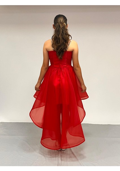 Kız Çocuk Abiye Kırmızıtaş Kordon Askılı Kalp Yaka kuyruklu Şifon Abiye Elbise 9-16 Yaş fırsatları