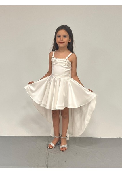 Kız Çocuk Abiye Krem Saten Kuyruklu Yaka Şerit Taşlı Abiye Elbise 5-10 Yaş